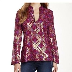 Tory Burch Lame Plaid Silk Chiffon Tunic